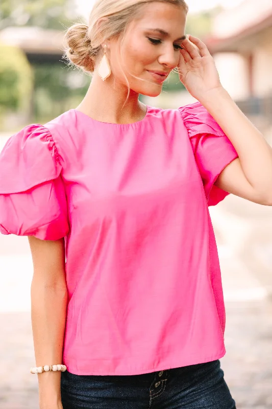 Looking For You Fuchsia Pink Puff Sleeve Blouse Playful Puff Blouse