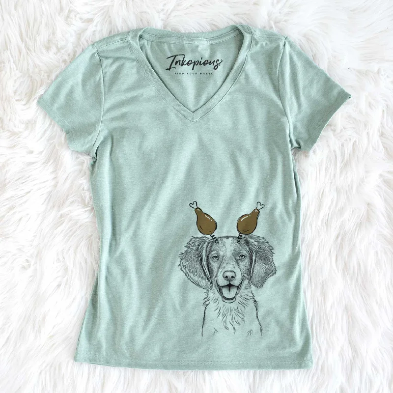 Thanksgiving Happy Holly the Brittany Spaniel - Women's V-neck Shirt-- Cashmere Blend Cotton Blend Poly Blend