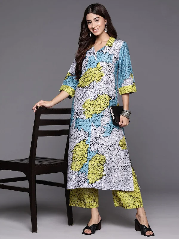 Blue And Green Abstract Printed Shirt Collar, Straight Kurta With Side And Front Slits Paired With Printed Bottom-- Zippered Front Buttoned Front Snap Front