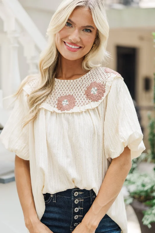 Chase Your Dreams Ecru White Crochet Blouse Feminine Ruffle Blouse