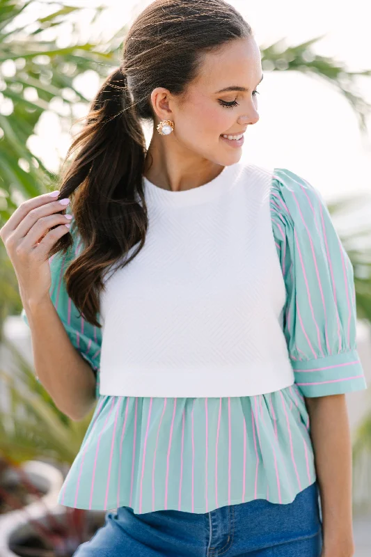 On Your Way Mint Green Striped Blouse Lightweight Linen Blouse