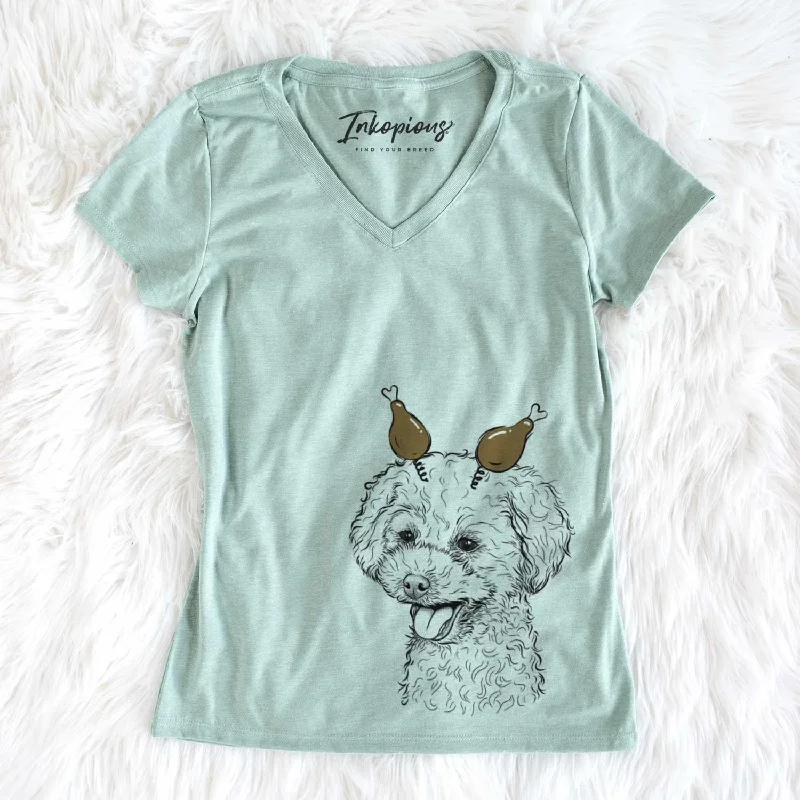Thanksgiving Rocky the Teacup Poodle - Women's V-neck Shirt-- Front Pockets Side Pockets Patch Pockets