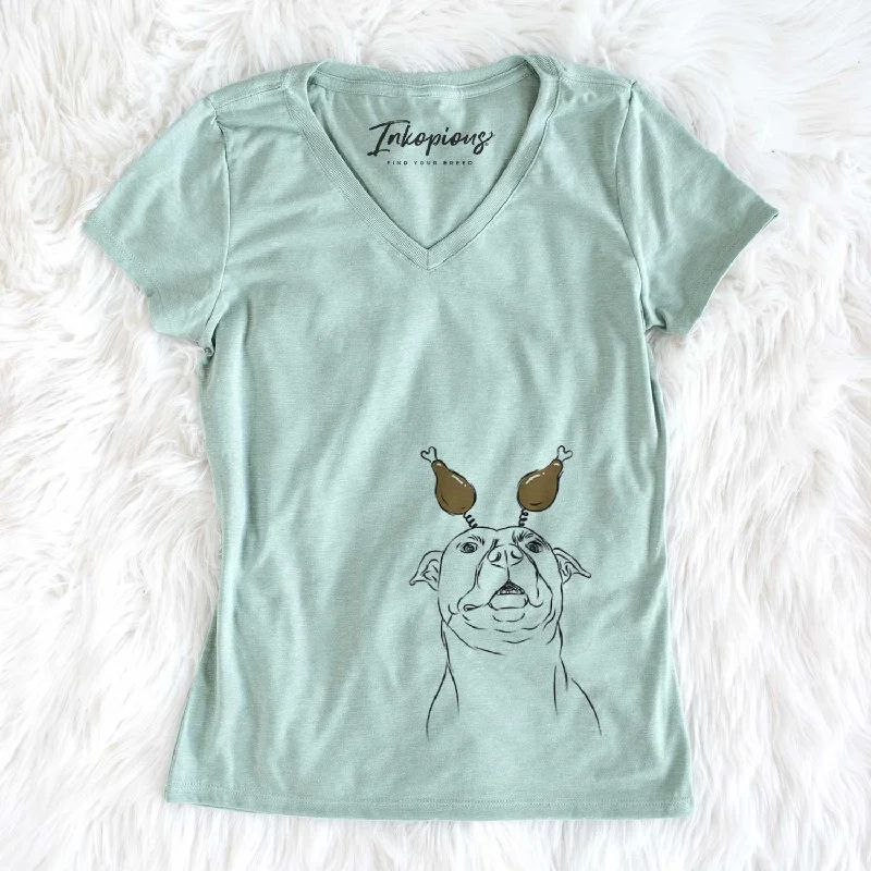 Thanksgiving Zada the Pitbull - Women's V-neck Shirt-- Fitted T-Shirt Seamless Stretchy