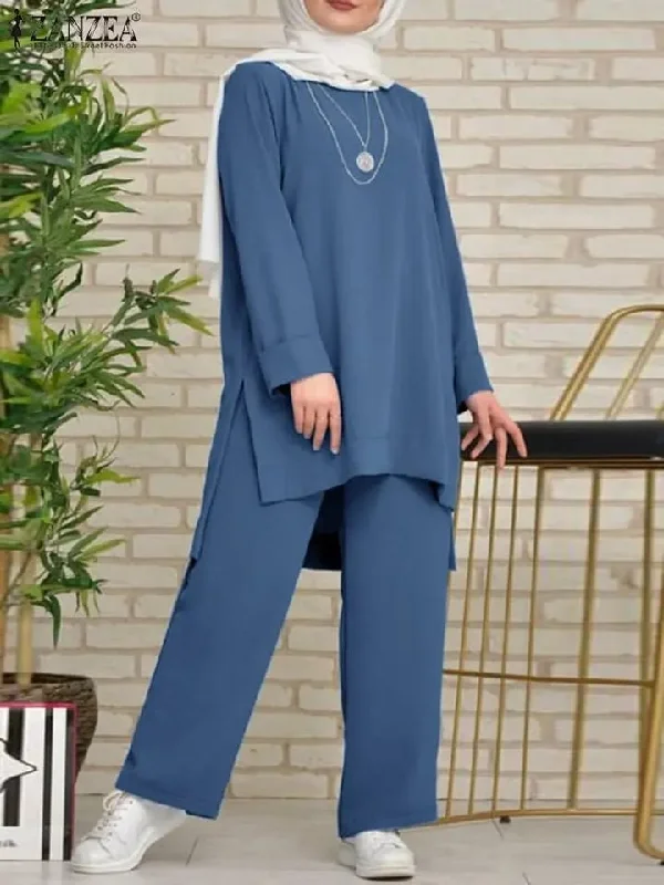 ZANZEA Autumn Vintage Muslim Sets Women Long Sleeve Blouse Pant Sets 2PCS Dubai Turkey Abaya Hijab Outifits Solid Tracksuit S S4731361 Boho Chic Blouse