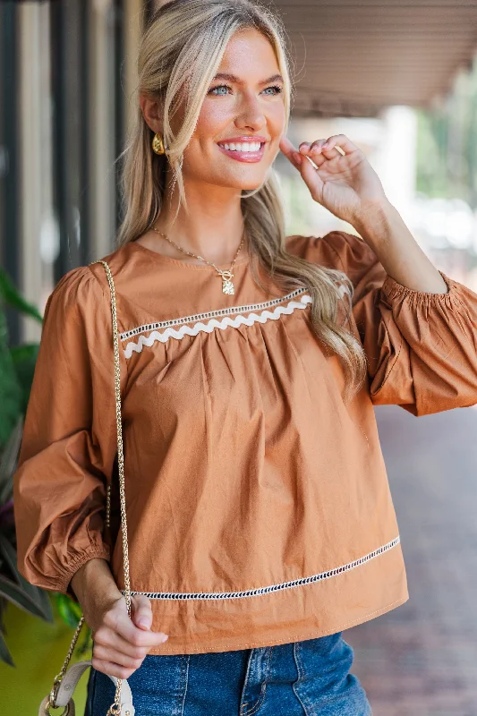Get A Move On Camel Brown Rickrack Blouse Subtle Shimmer Blouse