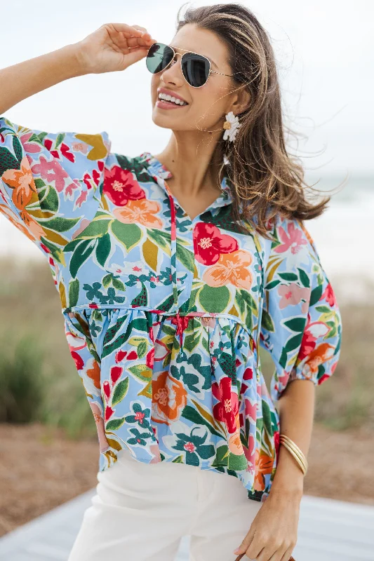 All On You Light Blue Floral Blouse Flowy Bohemian Blouse
