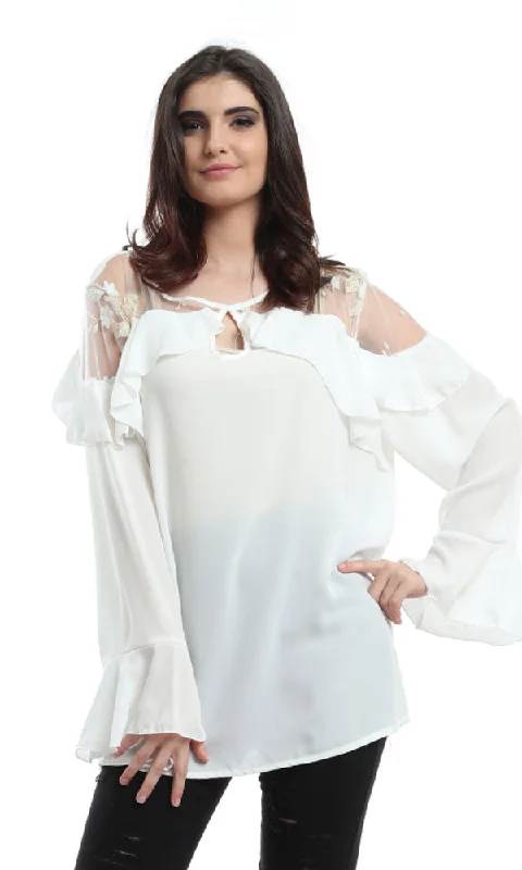 48470 Circular Lace Sleeves Plain Blouse - White Silky Draped Blouse