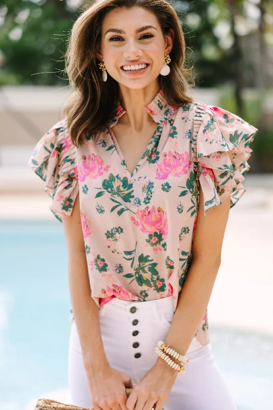 Something To Talk About Peach Pink Floral Blouse Drape Neck Blouse