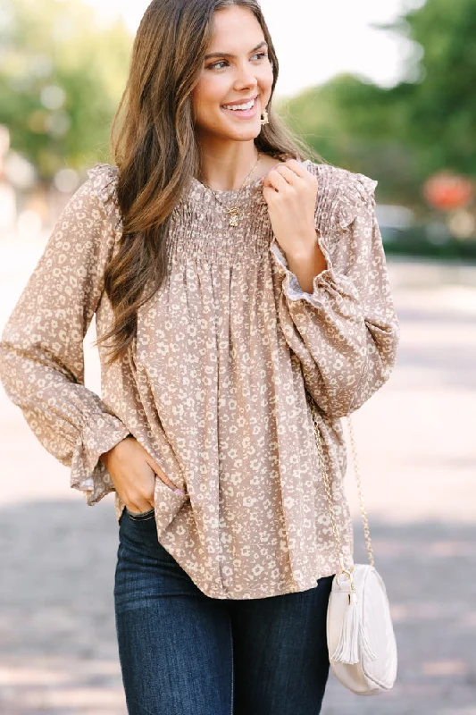 All About You Taupe Brown Floral Blouse Romantic Lace Blouse