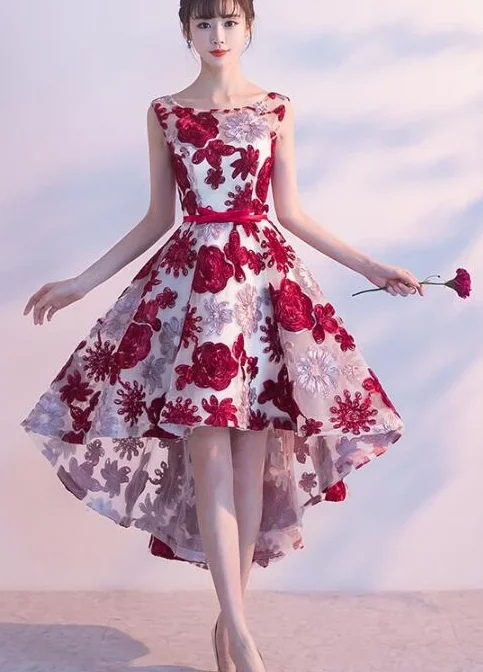Red High Low Lace Round Neckline Homecoming Dress 2019, Short Party Dress 2019 cg3024 Tunics Print Colorful