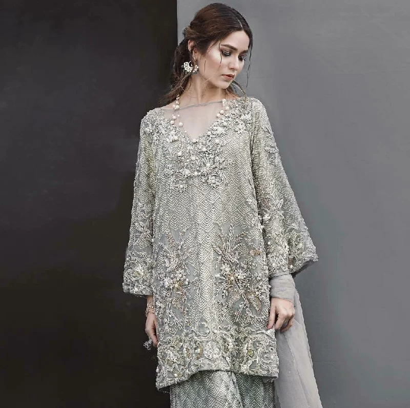 Wedding party dress in gray color with nagh perls and dabka work Model #P 539 Tunics Designer luxury