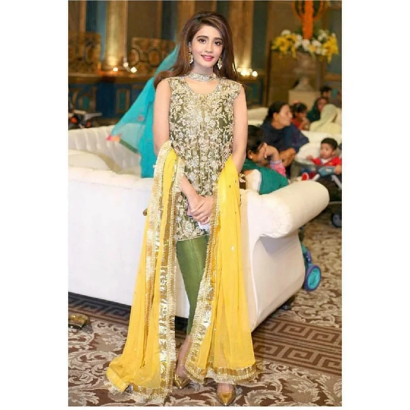 Wedding party dress in mehndi green and yellow with pure dabka and nzgh work Model#P 90 Tunics Travel practical