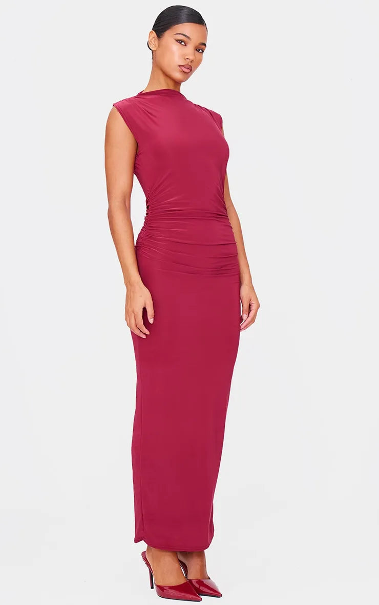 Burgundy Slinky High Neck Ruched Side Midaxi Dress Cowl Neckline Elegant