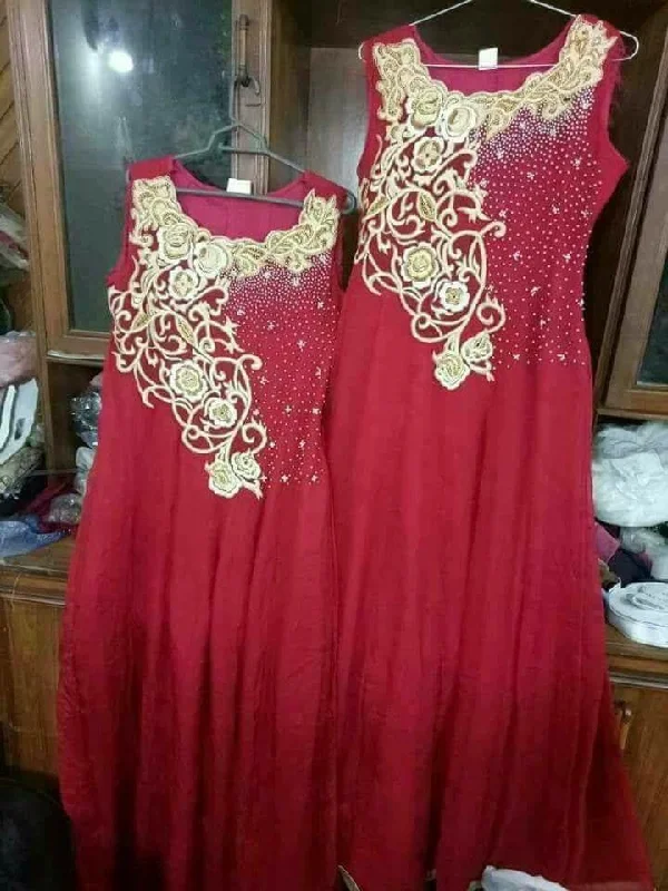 Wedding party dress in hot maroon color with golden dabka sequence pearls and threads work Model #P 533 Tunics Custom made