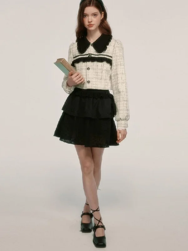 Plaid Small Jacket & Black Skirt【s0000003038】 Stand-Up Collar Roll-Neck Collar Turtle Neck