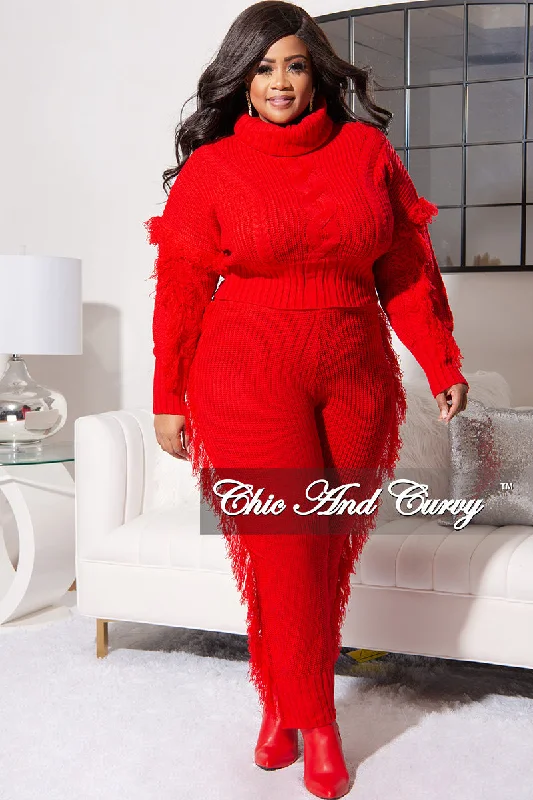 Final Sale Plus Size 2pc Fringe Sweater Pants Set in Red Sequined Glittery Shiny