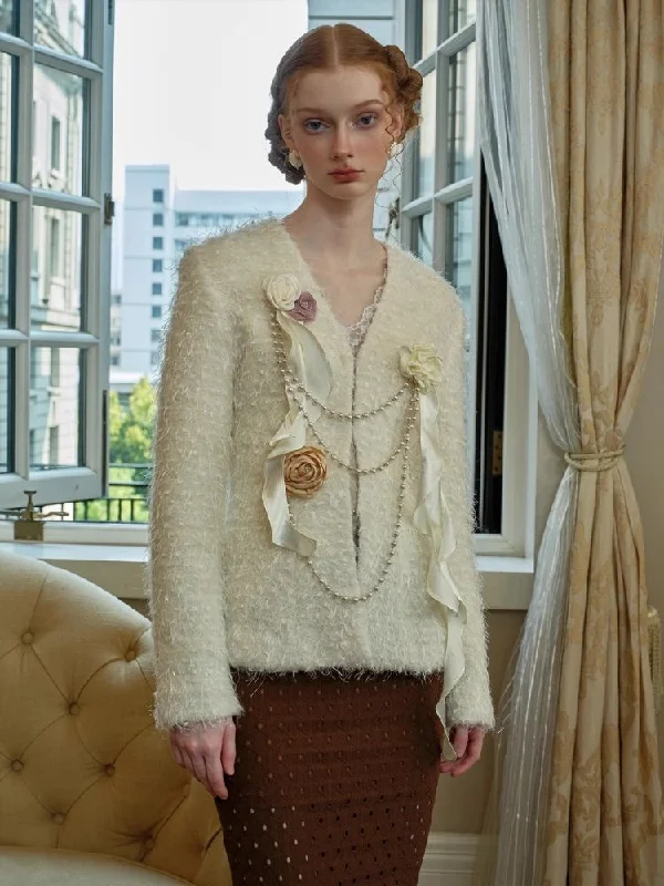 White Fur Flower Short Jacket【s0000005443】 Satin Jacket Silk Jacket Chiffon Jacket
