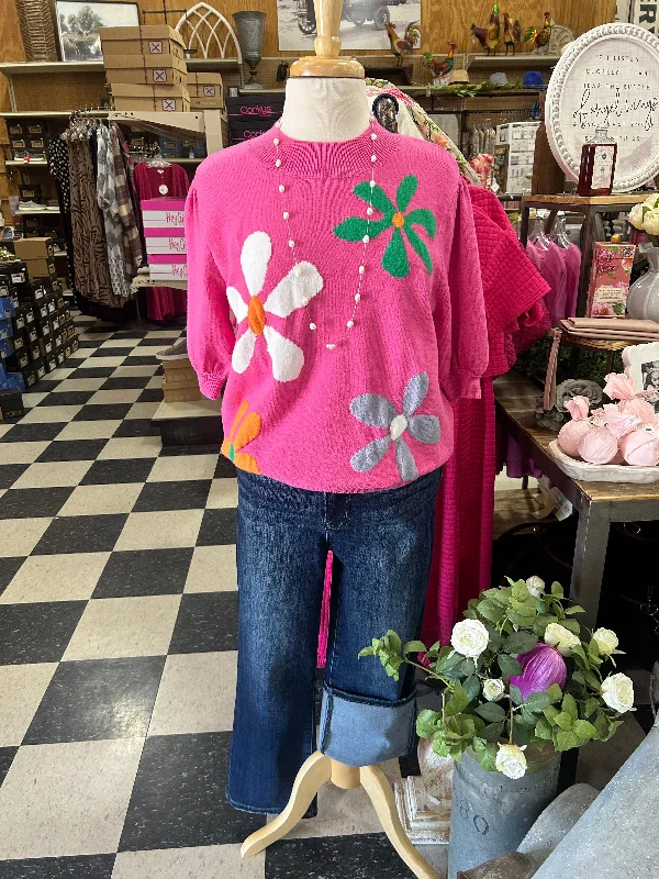 Pink Retro Flower Short Sleeve Sweater Turtle Neck Boat Neck Asymmetrical Neck