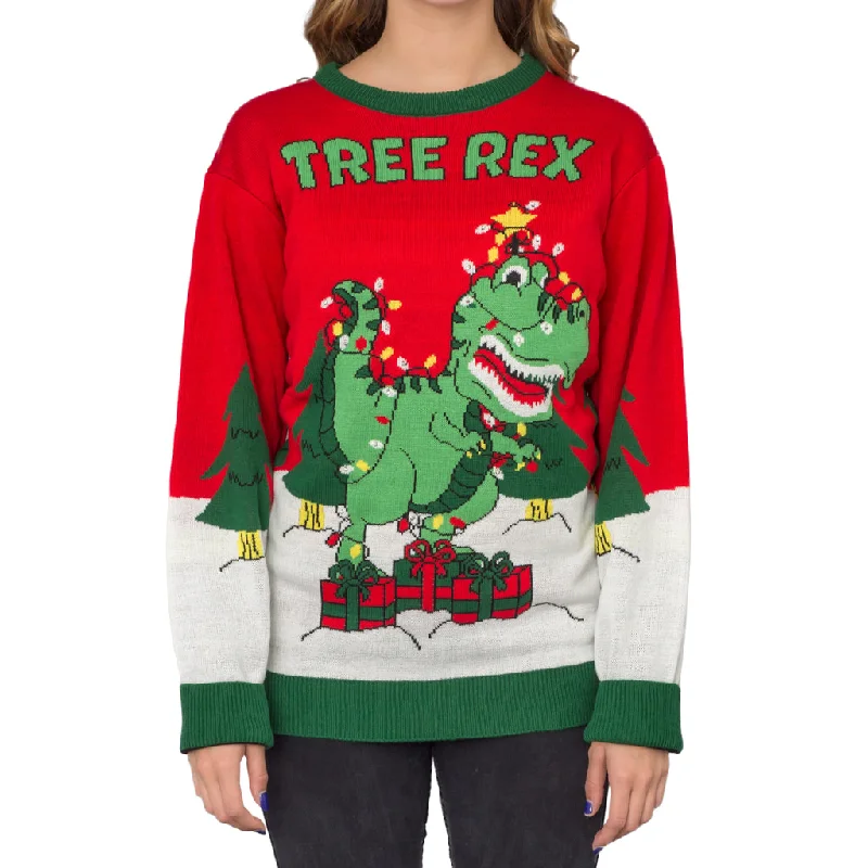 Women's Tree Rex Light Up T-Rex Ugly Christmas Sweater Beaded Sweater Sequined Faux Fur