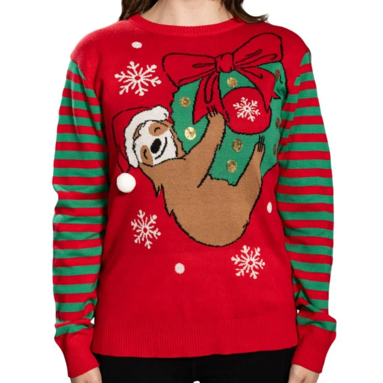 Hanging Sloth on Christmas Ornament Wreath Ugly Christmas Sweater Open Front Closed Front Wrap Front