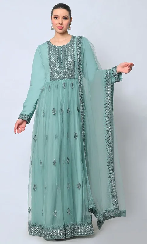 2pc Heavy Foil Work Embroidered Aqua Sky Anarkali and Dupatta Set