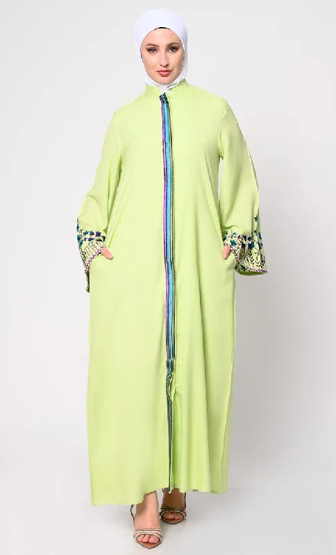 Sophisticated Hidden Placket Pista Green Abaya with Silk Embroidery