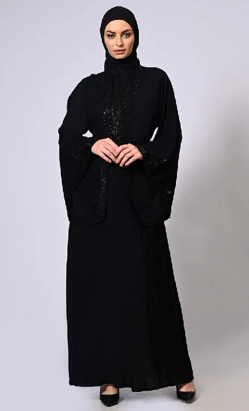 Handcrafted and Machine Embroidered Bell Sleeves Black Abaya - Final Sale