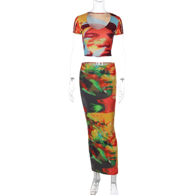 New arrivals fashion design short sleeve maxi dresses digital print summer two piece skirt set