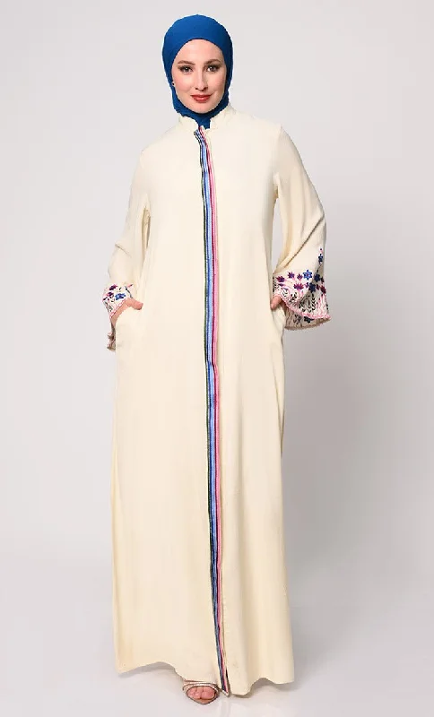 Sophisticated Hidden Placket Cream Abaya with Silk Embroidery