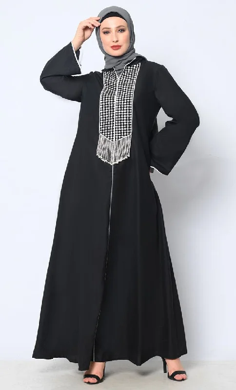 Tassel-Adorned Black Hoodie Abaya with Pockets