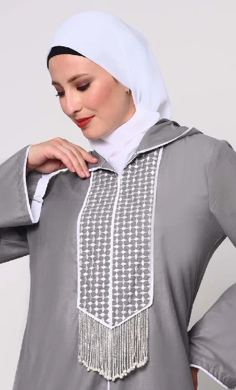 Tassel-Adorned Grey Hoodie Abaya with Pockets