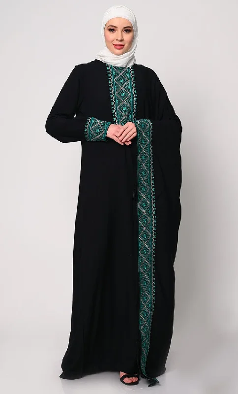 Graceful Machine Embroidered Black Kaftan Abaya with Pockets