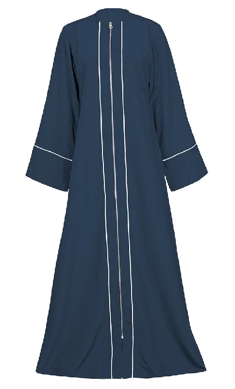 Women's Navy Front Zipper Down And White Piping Detailing Kashibo Abaya With Pockets - Final Sale