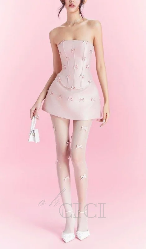 PINK BOW EMBELLISHED STRAPLESS MINI DRESS SET Trendy Camisole Mini Dress